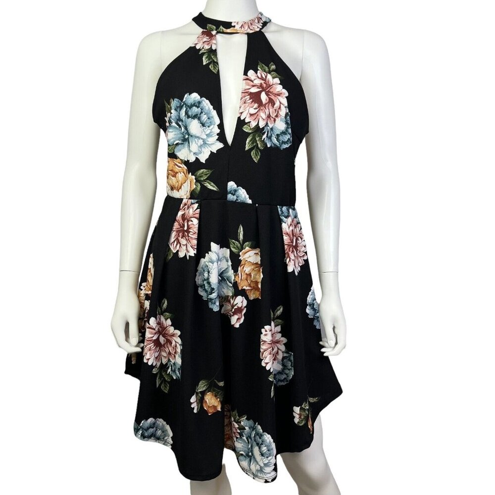 Charlotte Russe Black Halter Neck‎ Asymmetrical Floral Dress Size L (H10156)